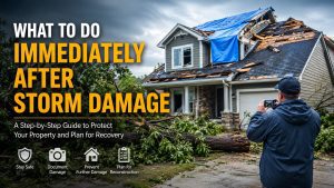 House with a severely damaged roof and blue tarp; a man in a jacket photographs the scene for a post-storm recovery guide.